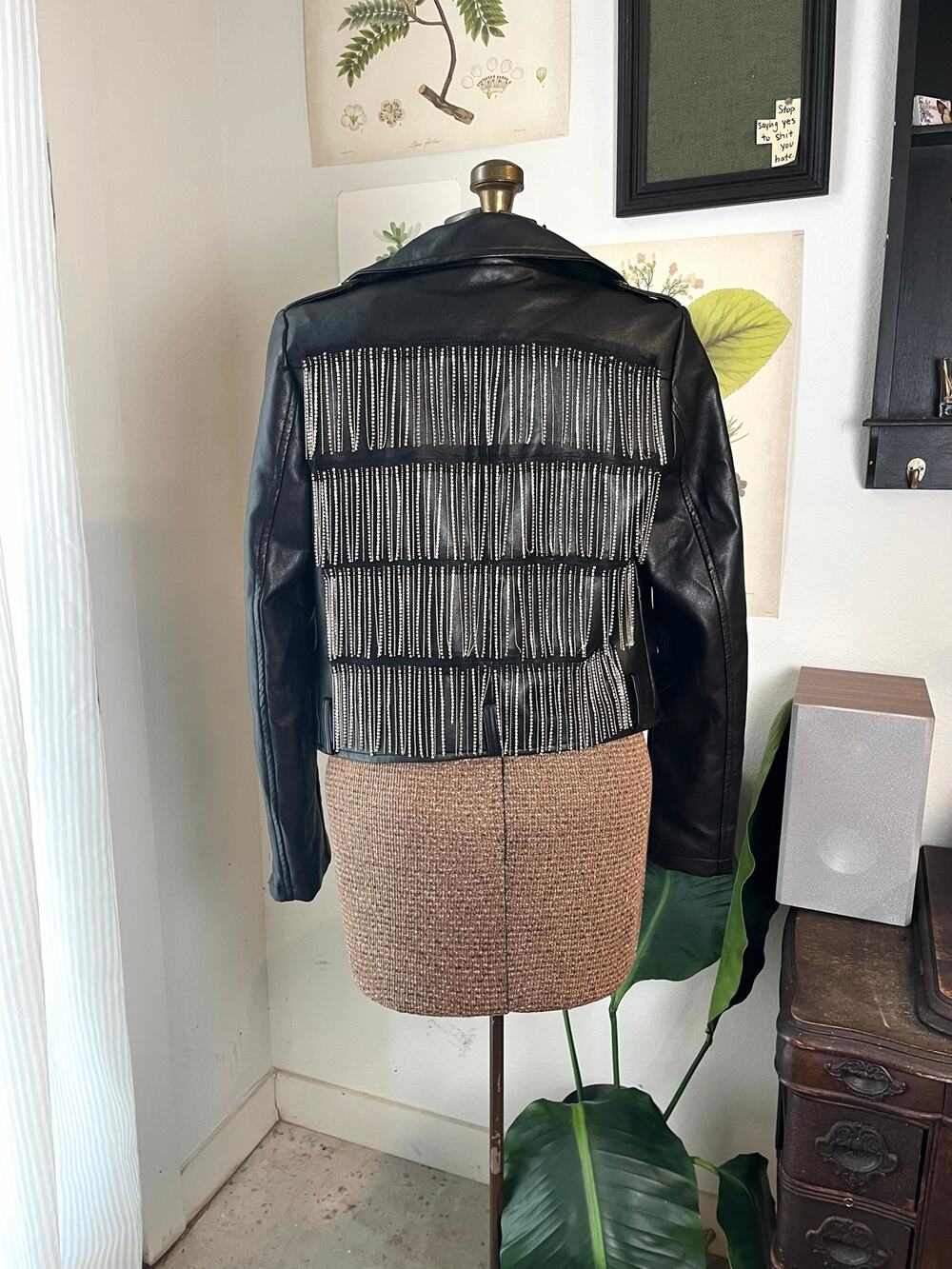 Azalea Wang Women’s Moto Jacket Black Faux Leather Bling It On Rhinestone Fringe
